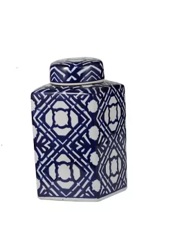 Deals 😀 A & B Home 10" Blue and White Vintage Style Square Lidded Jar 🛒