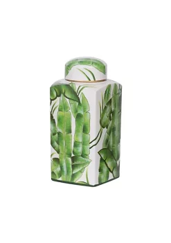 New 🛒 A & B Home 14" White and Green Leaf Design Square Lidded Jar 🥰