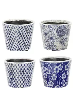 Promo 🤩 A & B Home Set of 4 Blue and White Garden Floral Terracotta Large Planters 7.5" 🤩