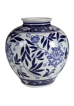 Coupon 🥰 A & B Home 9" Blue and White Glossy Finish Floral Aline Vase 🎁