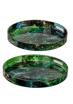 Outlet 😀 A & B Home Set of 2 Emerald Green and Gold Modern Chic Round Trays 13.75" ⌛
